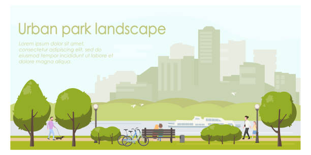 Urban park landscape flat illustration. Horizontal banner template with place for your text. Stock vector. People relaxing in city park, walking with dog, riding bicycle. Urban park landscape flat illustration. Horizontal banner template with place for your text. Stock vector. People relaxing in city park, walking with dog, riding bicycle park bench vector stock illustrations