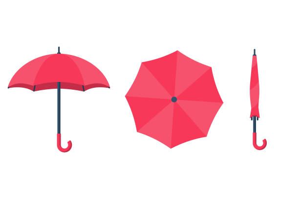 satz von sonnenschirmen. ansicht von oben, vorne und gefalteter regenschirm. - umbrella stock-grafiken, -clipart, -cartoons und -symbole