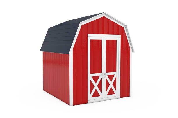 istock Red Wood Small House Cabin Storage Shed for Garden Tools. 3d Rendering 1202042212