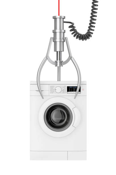 istock Winner Concept. Modern White Washing Machine in Chrome Robotic Claw. 3d Rendering 1202042288
