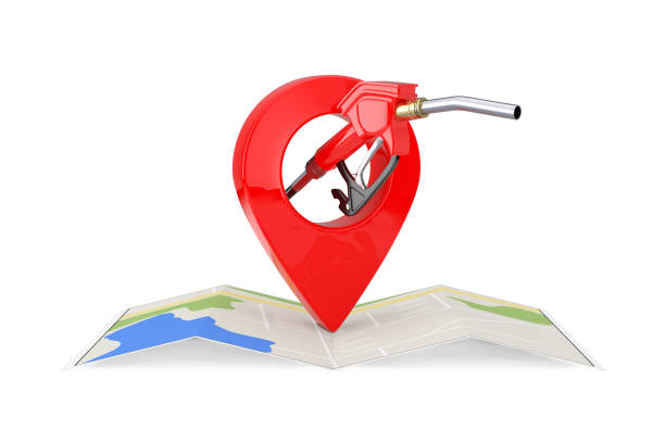 istock Gasoline Pistol Pump Fuel Nozzle, Gas Station Dispenser with Folded Abstract Navigation Map and Map Pointer Pin. 3d Rendering 1202042314