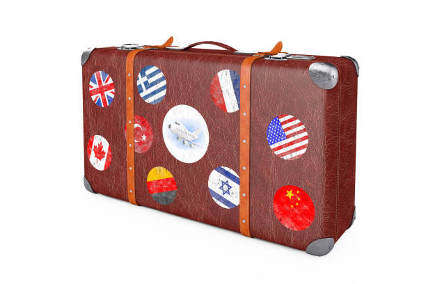 istock Retro Leather Brown Threadbare Suitcase With Travel Stickers, Metal Corners and Belts. 3d Rendering 1202043055