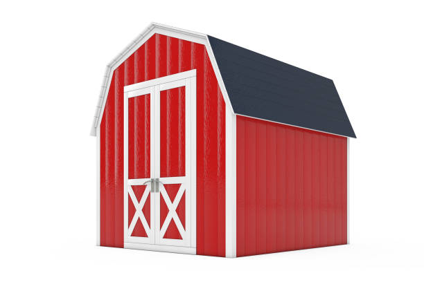 istock Red Wood Small House Cabin Storage Shed for Garden Tools. 3d Rendering 1202043114