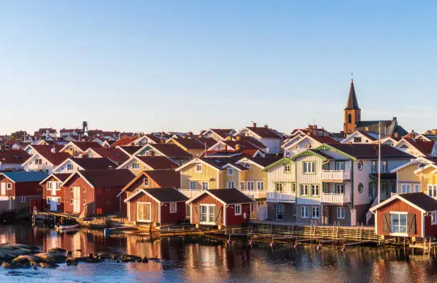 Photo of Boathouses on the island of Smögen. A small fishing village in Bohuslän in the archipelago on the west coast of Sweden