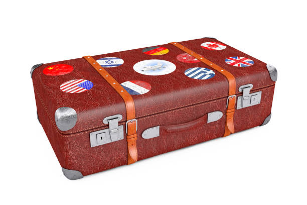 istock Retro Leather Brown Threadbare Suitcase With Travel Stickers, Metal Corners and Belts. 3d Rendering 1202043303