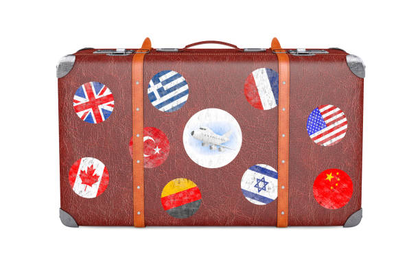istock Retro Leather Brown Threadbare Suitcase With Travel Stickers, Metal Corners and Belts. 3d Rendering 1202043508