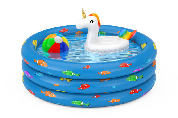 istock Funny Inflatable Unicorn Ring for Summer Pool in Blue Rubber Inflatable Childrens Pool. 3d Rendering 1202043789
