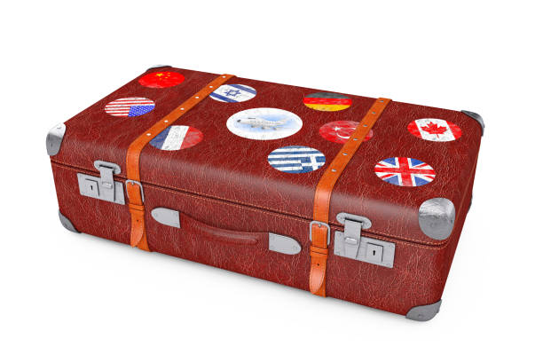 istock Retro Leather Brown Threadbare Suitcase With Travel Stickers, Metal Corners and Belts. 3d Rendering 1202043804