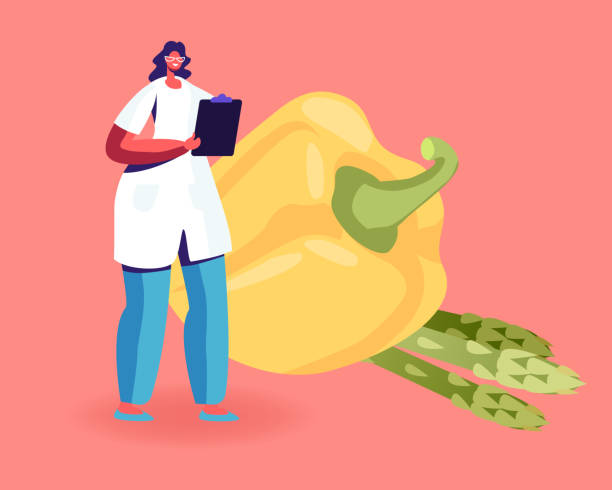 ilustrações de stock, clip art, desenhos animados e ícones de female doctor nutritionist wearing white robe holding clipboard stand front of huge bell pepper and green beans. dietology science and healthy nutrition concept. cartoon flat vector illustration - green bell pepper illustrations