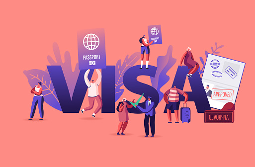 People Getting Visa Concept. Travelers and Tourists Making Document for Leaving Country and Travel Abroad. Foreign and Native Passport Poster Banner Flyer Brochure. Cartoon Flat Vector Illustration