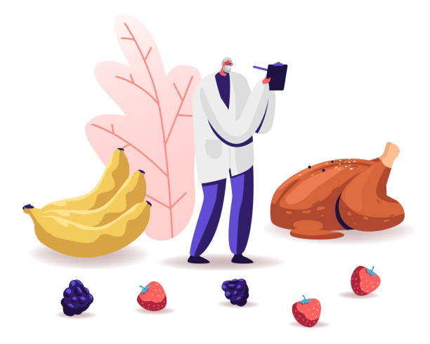 Male Senior Doctor Nutritionist Wearing White Robe Holding Clipboard Stand near Fried Chicken, Bananas and Berries around. Dietology Science, Healthy Nutrition Concept Cartoon Flat Vector Illustration Male Senior Doctor Nutritionist Wearing White Robe Holding Clipboard Stand near Fried Chicken, Bananas and Berries around. Dietology Science, Healthy Nutrition Concept Cartoon Flat Vector Illustration ketogenic diet illustrations stock illustrations