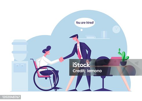 istock Disability Employment, Work for Disabled People Concept. Handicapped Man Sit in Wheelchair Shaking Hand with Boss or Colleague in Office Introducing with New Workplace Cartoon Flat Vector Illustration 1202048767