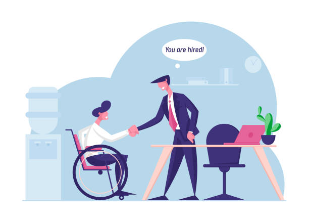 Disability Employment, Work for Disabled People Concept. Handicapped Man Sit in Wheelchair Shaking Hand with Boss or Colleague in Office Introducing with New Workplace Cartoon Flat Vector Illustration Disability Employment, Work for Disabled People Concept. Handicapped Man Sit in Wheelchair Shaking Hand with Boss or Colleague in Office Introducing with New Workplace Cartoon Flat Vector Illustration disabled adult stock illustrations