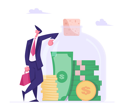 Successful Business Man Character Stand in Confident Posture at Huge Glass Jar with Stack of Gold Coins and Money Bills Inside. Financial Profit Salary Wealth Concept. Cartoon Flat Vector Illustration