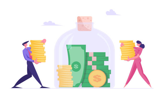 illustrazioni stock, clip art, cartoni animati e icone di tendenza di concetto di finanza, investimenti e ricchezza finanziaria. ricco uomo d'affari e imprenditrice ha messo soldi in un enorme barattolo di vetro facendo risparmio e aumentando il capitale, cartone animato deposito bancario illustrazione vettoriale piatta - finanza-ed-economia-immagine