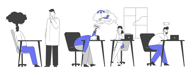 Professional Burnout Syndrome. Exhausted Managers at Work Sitting at Table with Head Down and Low Battery Above. Business Concept of Overload and Tiredness. Cartoon Flat Vector Illustration, Line Art