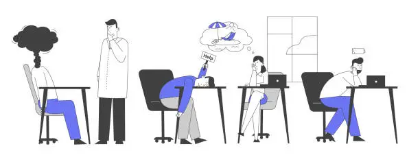 Vector illustration of Professional Burnout Syndrome. Exhausted Managers at Work Sitting at Table with Head Down and Low Battery Above. Business Concept of Overload and Tiredness. Cartoon Flat Vector Illustration, Line Art