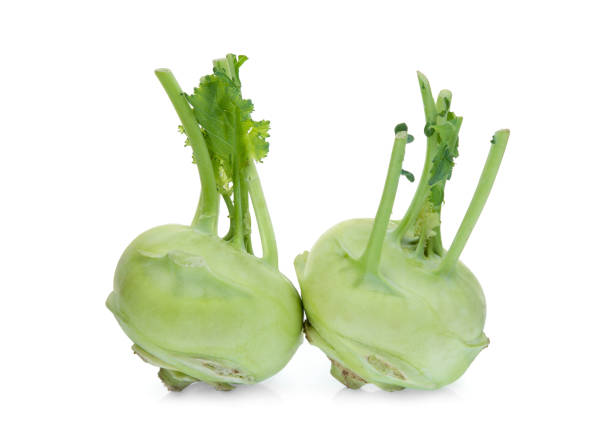 due kohlrabi interi isolati su sfondo bianco - kohlrabi turnip kohlrabies cabbage foto e immagini stock