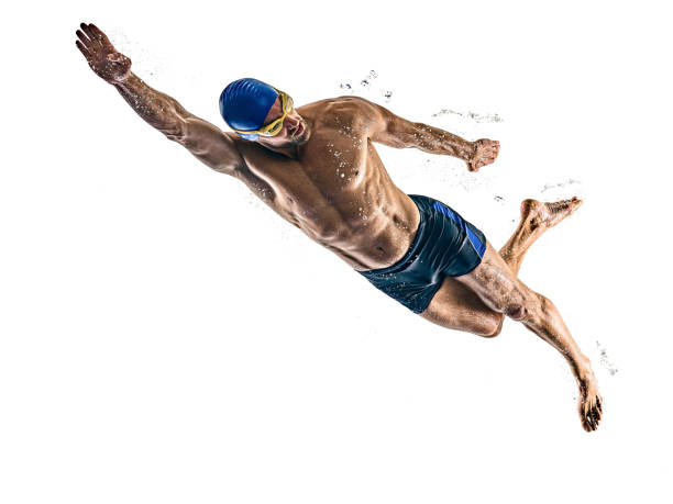 hombre deporte nadador aislado fondo blanco - natación fotografías e imágenes de stock