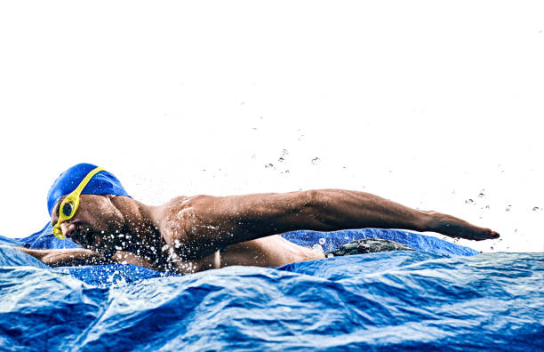 one caucasian man sport swimmer swimming silhouette isolated on white background
