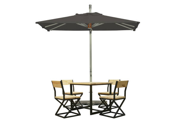 Outdoor Dining Table and Chairs with Square Umbrella Isolated on White Background with Clipping Path Outdoor Dining Table and Chairs with Square Umbrella Isolated on White Background with Clipping Path building terrace photos stock pictures, royalty-free photos & images