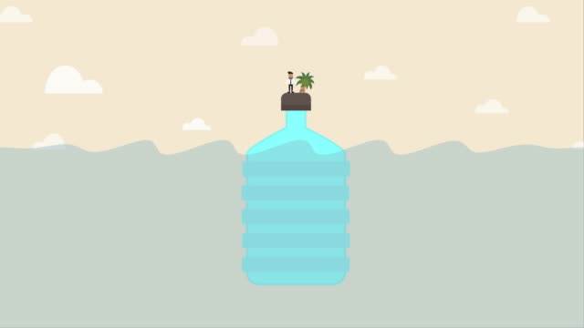 Businessman get stuck on plastic bottle island (Environment problem concept)