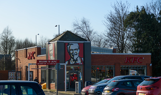 Chichester, United Kingdom - January 19 2020:  The frontage of KFC take away restaurant at Chichester Gate