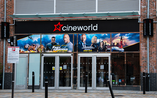 Gloucester, United Kingdom - September 08 2019:  The frontage of the Cineworld Cinema, advertising Fast and Furious, on Merchant's Street