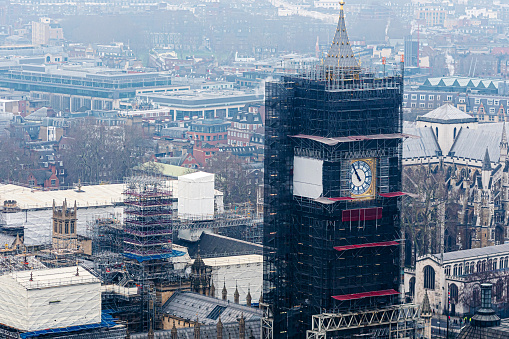 Big Ben clock in London maintenance repairs. Famous clock tower in England under construction, London, UK - image