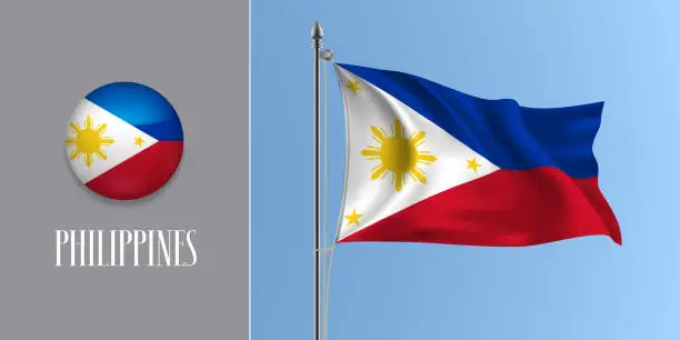 Vector illustration of Philippines waving flag on flagpole and round icon vector illustration