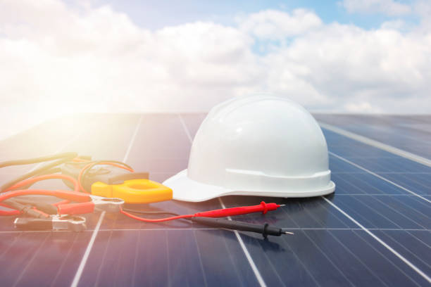 istock Solar panel from the sun with sunlight on blue sky background, alternative electricity source - concept of sustainable resources 1202058432