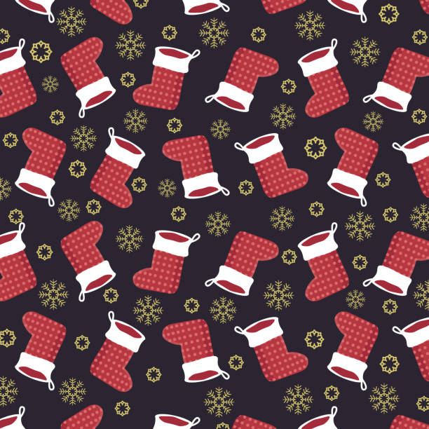 istock Christmas stockings pattern with snowflakes. Christmas pattern design with snowflakes and stockings. Winter background 1202059683