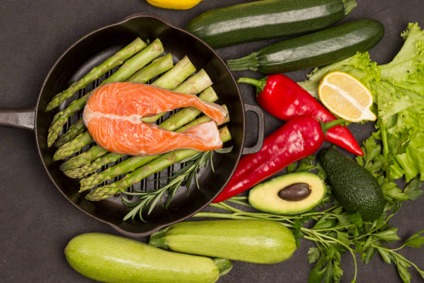 Salmon and vegetables source of omega-3, protein.