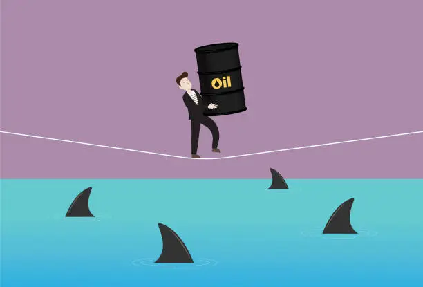 Vector illustration of Businessman holds a crude oil and walking on a rope with a shark in the sea