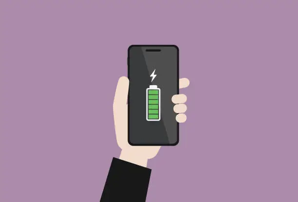 Vector illustration of Businessman holding a mobile phone has a full battery