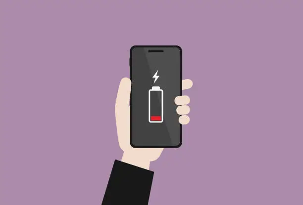 Vector illustration of Businessman holding a mobile phone has a low battery