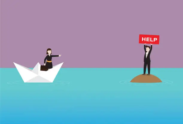 Vector illustration of Businesswoman on a paper boat goes to help a businessman with help sign stands on an island