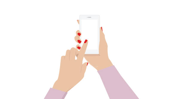 weibliche hand hält ein telefon mit leerem bildschirm. telefon in weiblicher hand. - frau handy stock-grafiken, -clipart, -cartoons und -symbole