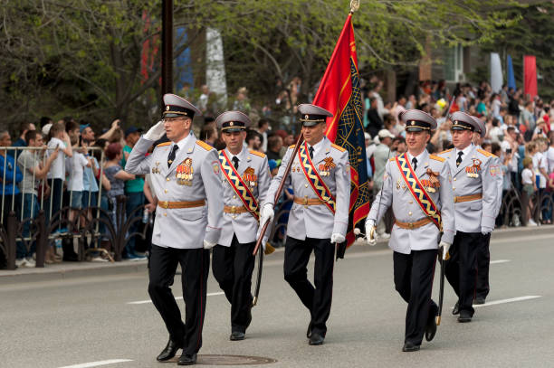 Tyumen, Russia - May 9, 2019: Victory Day Parade. Banner group of russian army division on parade