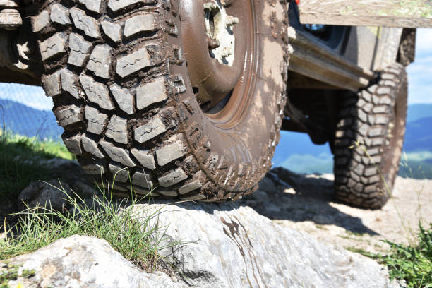 istock Muddy off-road vehicle tyre 1202069780