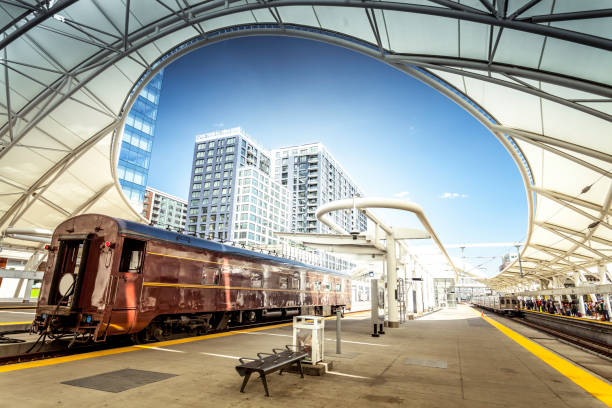 Old railcar (Pacific railways 1950) at the new Denver Union rail station.