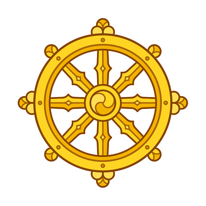 Dharmachakra (Dharma Wheel) symbol in Buddhism. Golden wheel sign art. Isolated vector illustration.