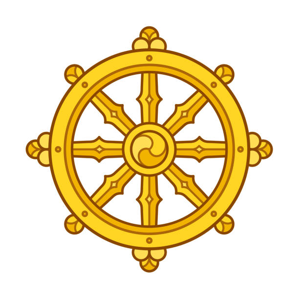 Dharma Wheel symbol Dharmachakra (Dharma Wheel) symbol in Buddhism. Golden wheel sign art. Isolated vector illustration. dharma stock illustrations