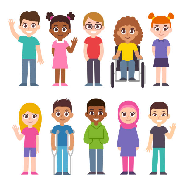 Cartoon diverse children set Cute cartoon group of children. Diversity and inclusion clip art illustration set. Kids of different cultures and skin color, disabled child. cartoon kids stock illustrations