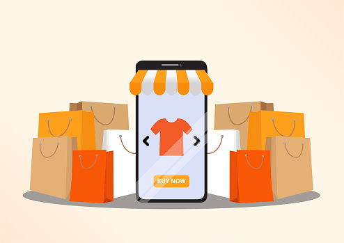 Online shopping concept illustration. Buying and selling items. Online payment, Buying online - vector banner with icons