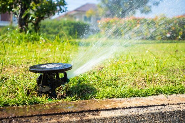 istock Automatic lawn sprinkler watering grass garden irrigation system 1202073384