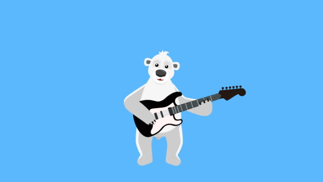 Cartoon Polar Bear Flat Character Play Electric Guitar Animation. Includes luma matte