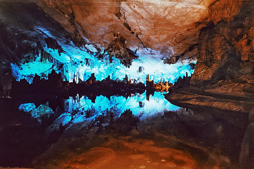 Beautiful limestone cave with stalactites in Guilin, Guangxi,China. Scanned photo.