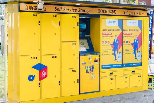 BANGKOK, THAILAND - JAN 07,2018 : Lock Box, a self service storage for rent installed in the urban city area in Thailand for tourism to delivery or deposit belongings