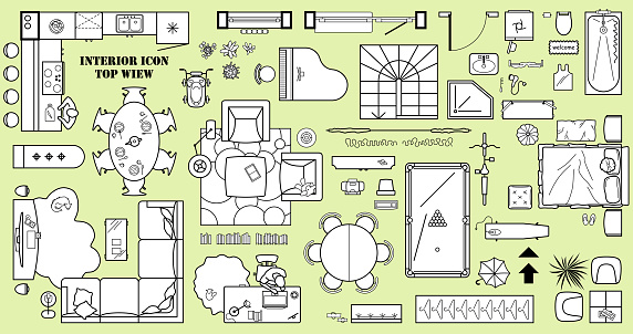 Floor plan icon set in top view for interior design. 
Architecture plan with furniture View from above. The layout of the apartment, kitchen, living room and bedroom. Vector